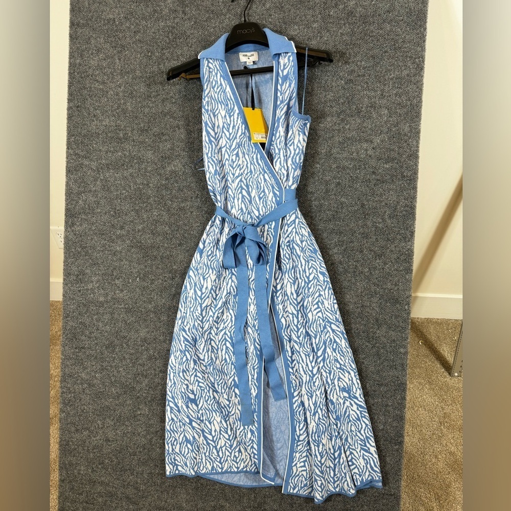 Diane Von Furstenberg Light Blue and White Sleeveless Midi Wrap Dress